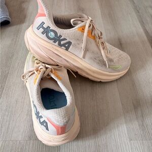 Hoka Beige Running Shoes with Coral, Orange & Neon Green Accents